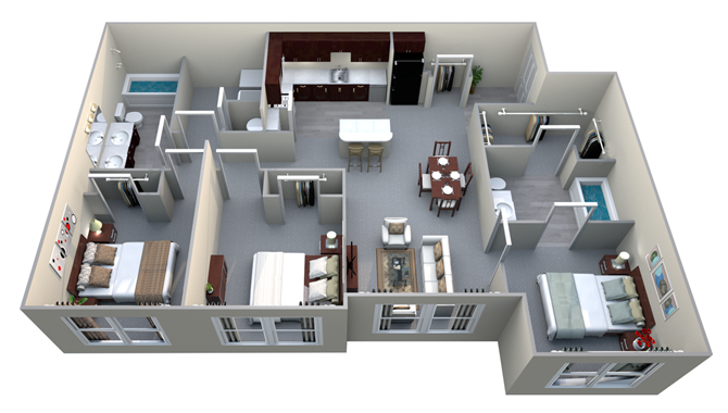 Floor plan for 3 beds, 2 baths, 1142 sqft